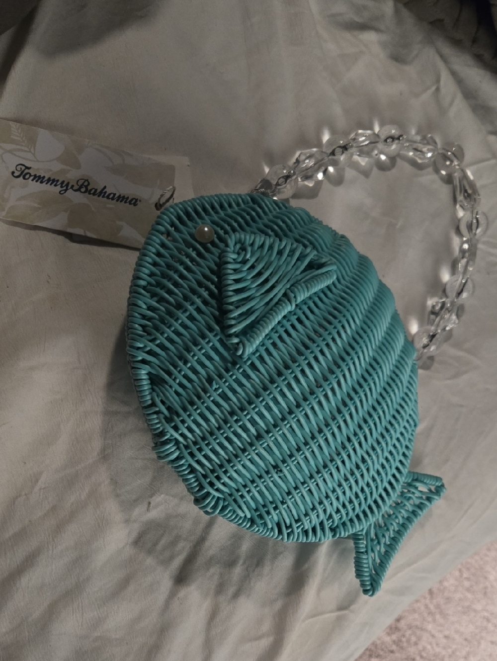 Tommy Bahama Turquoise Fish-Shaped Woven Mini Bag with Clear Beaded Handle
